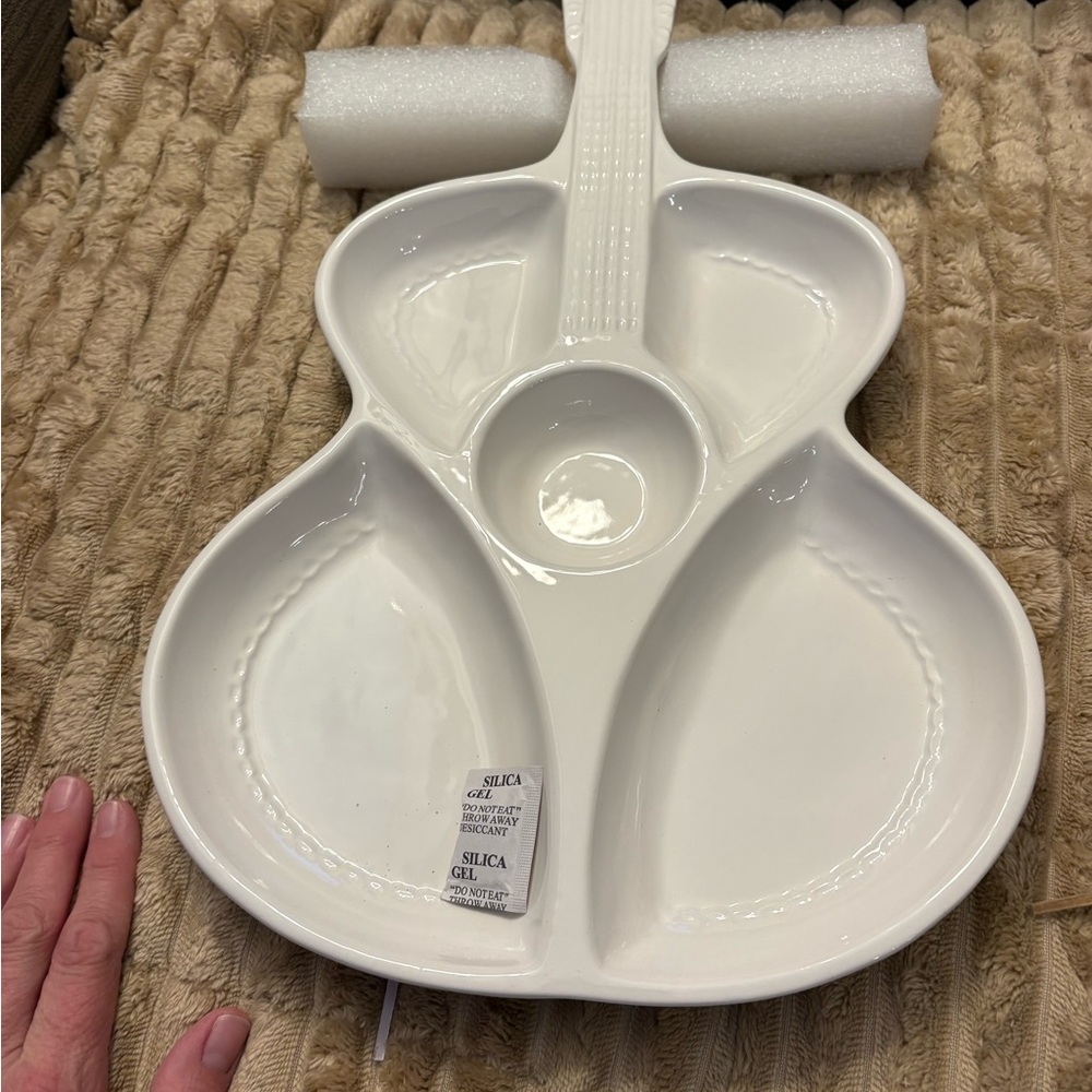 Dolly Parton White Ceramic guitar Shaped Appetizer Platter with Dip Bowl